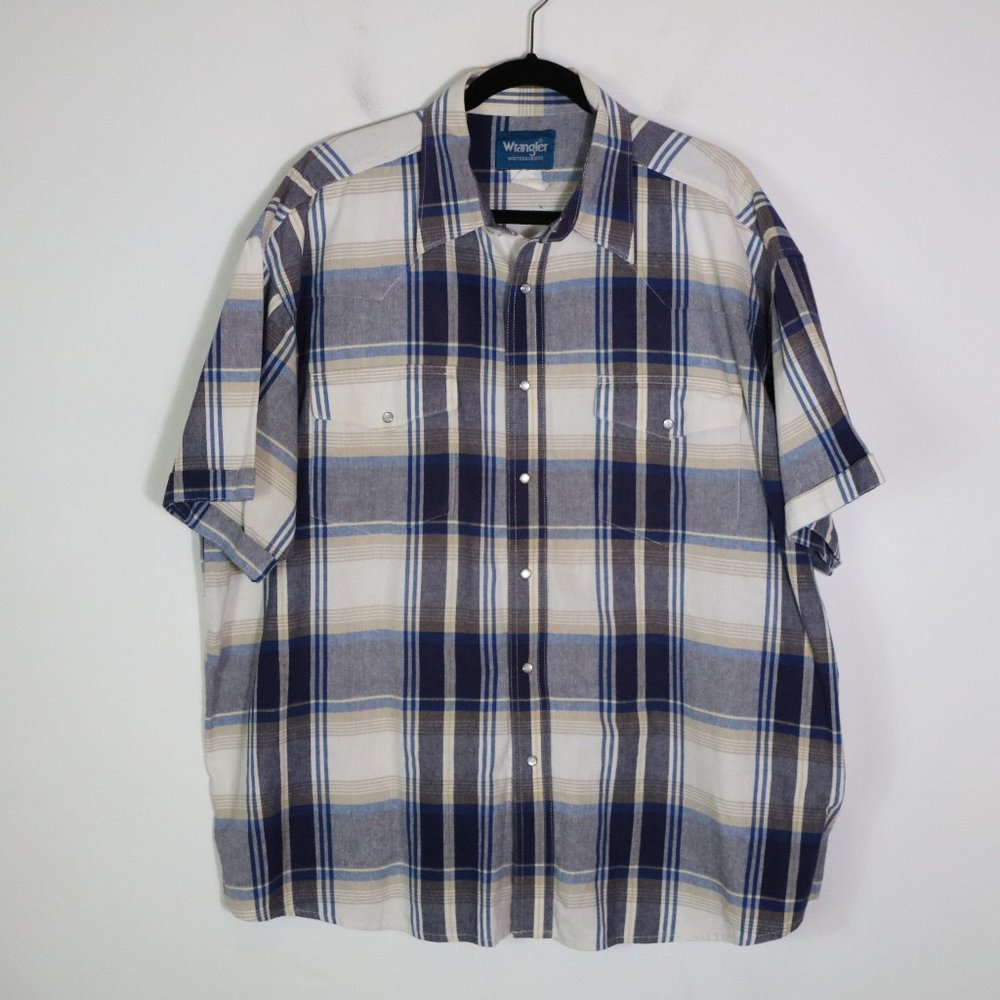 Wrangler Mens Vintage‎ Western Plaid Pearl Snap Shirt XXL Cowboy Rodeo Blue